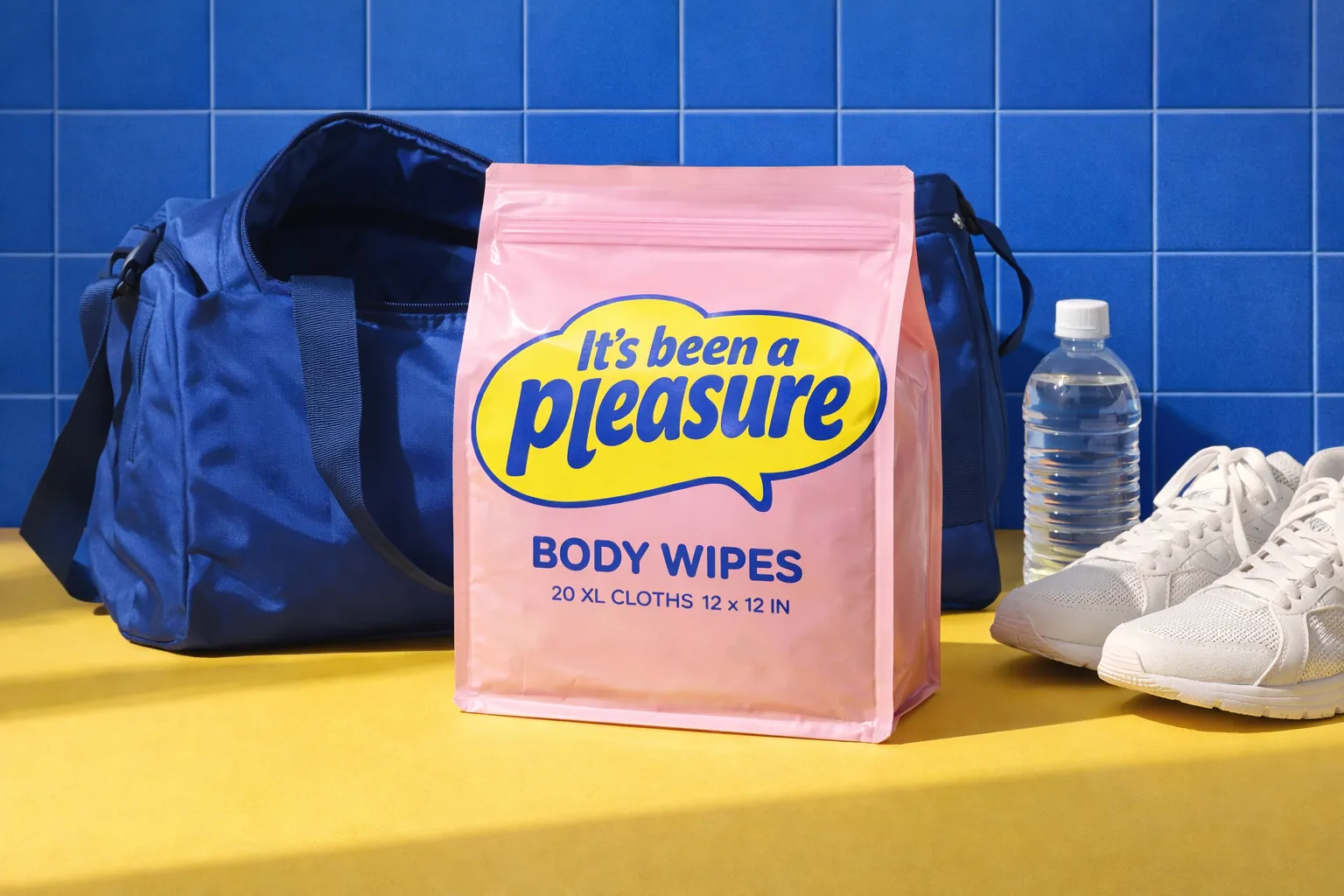 The pink pouch with a gym bag and sneakers.