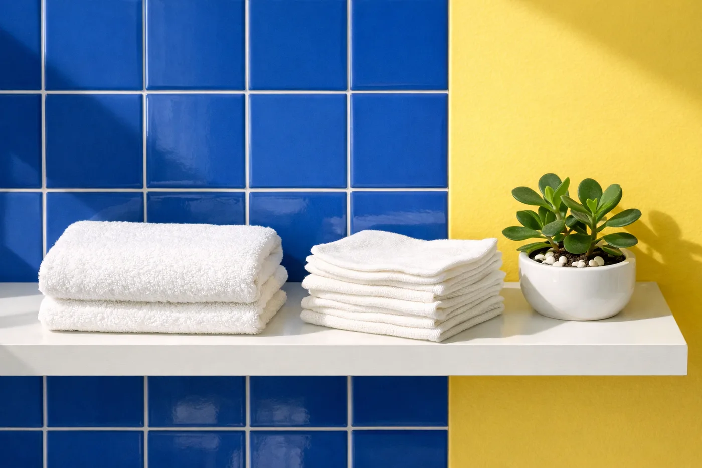 A colourful bathroom shelf with cloths.