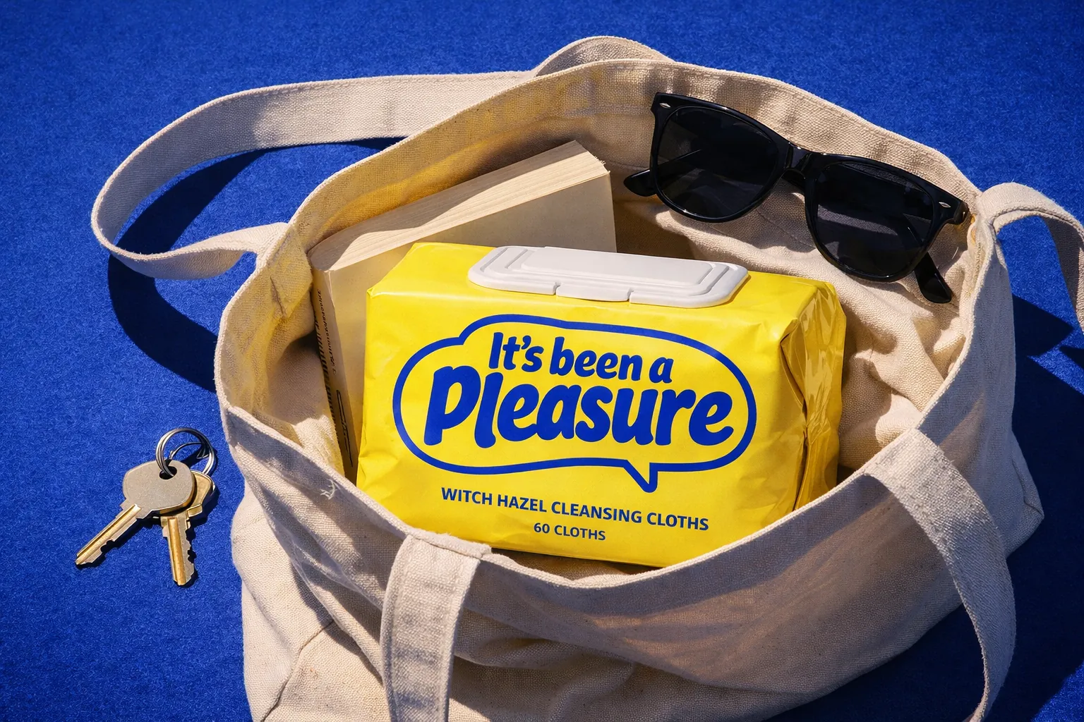 The yellow pouch in a canvas tote with sunglasses and keys.