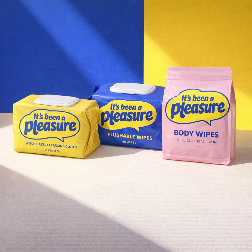 The yellow, blue and pink It’s Been a Pleasure packs on a color-blocked set.